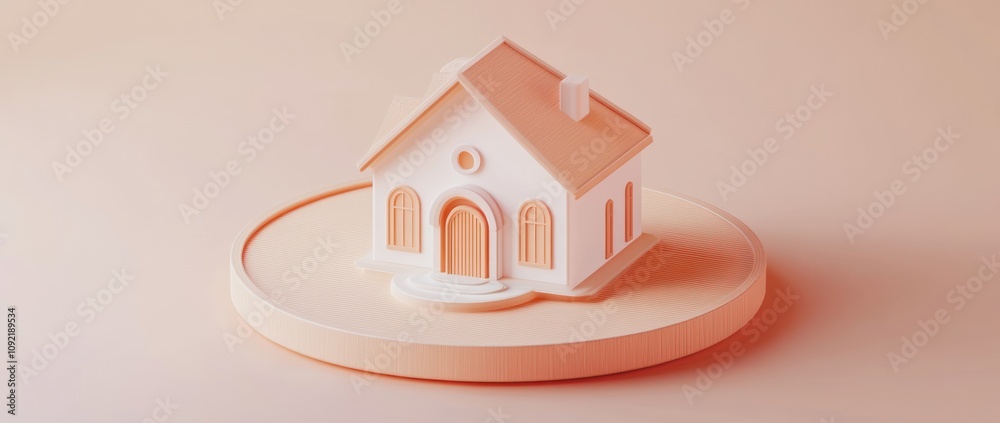 Aufkleber A stylized 3D model of a house on a circular base with a soft color palette.