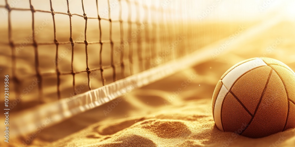 Poster A beach volleyball rests on the sand near a net, illuminated by warm sunlight.