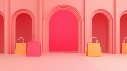 Shopping event in vibrant pink arched gallery digital art scene
