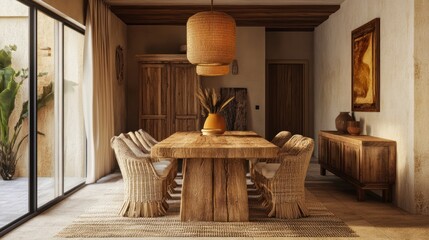 Rustic dining room with wooden table, earthy tones, and natural decor elements