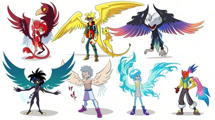 Cartoon Characters with Wings - A Whimsical Display of Fantasy and Flight. The Colorful and Charming Cartoon Figures, Adorned with Delicate Wings, Soaring in an Imaginary World