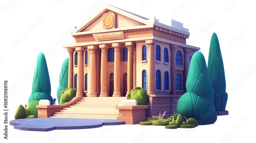 Poster a stylized building with steps, columns, and surrounding trees, resembling a public institution.
