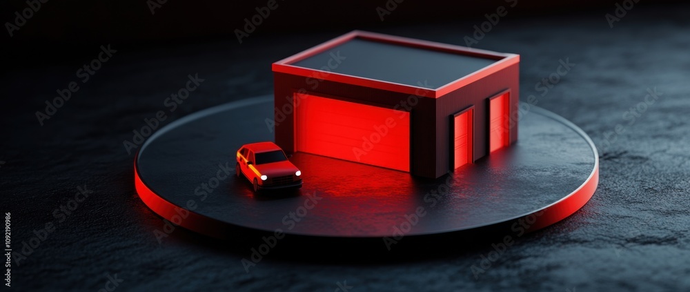 Poster A stylized model of a garage with a car, illuminated in red light.