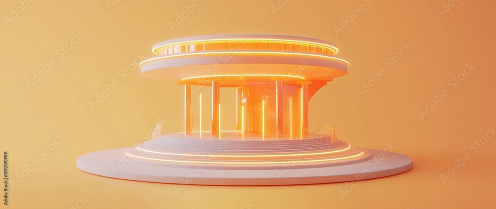 Poster a futuristic architectural structure with glowing orange lights against a soft yellow background.