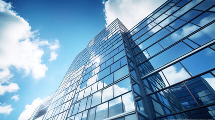 Reflective glass building under bright blue sky with white clouds showcasing a modern architectural design