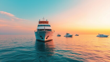 Fototapeta premium A serene sunset view featuring a yacht gliding on calm waters, surrounded by other boats, creating a picturesque maritime scene.