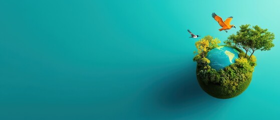 Naklejka premium A vibrant, miniature Earth features lush greenery and birds, symbolizing nature's beauty and the importance of environmental preservation.