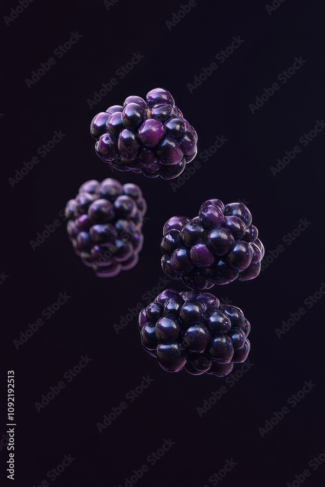 Poster A close-up of floating blackberries against a dark background, emphasizing their texture.