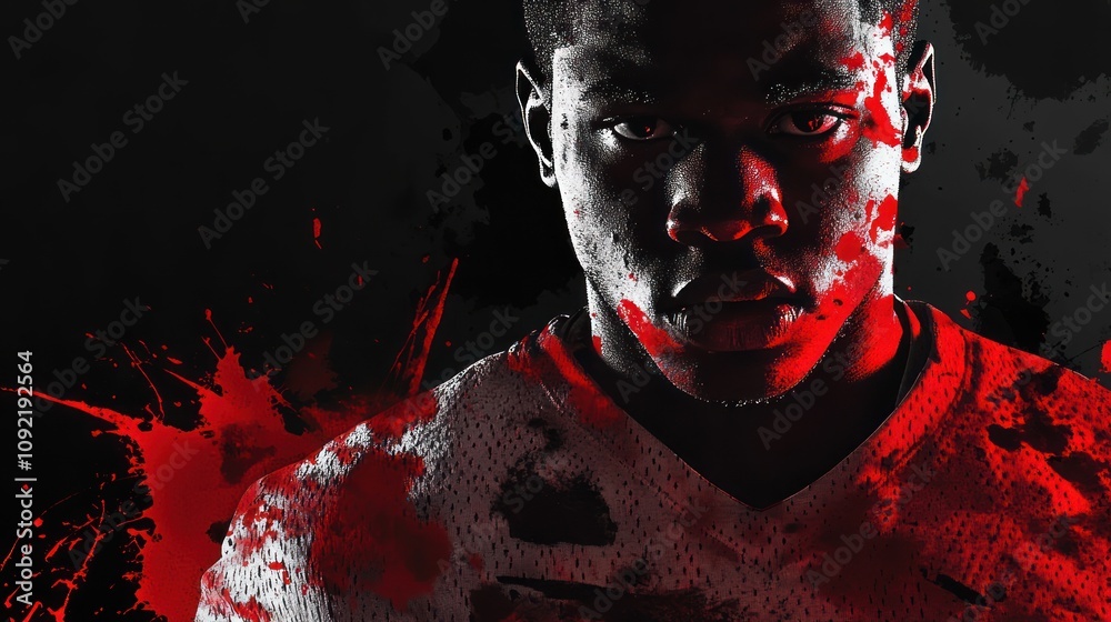 Poster a dramatic portrait of an athlete with a fierce expression and splashes of red paint.