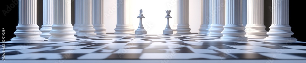 Poster a surreal chess scene with columns and light, emphasizing strategy and competition.