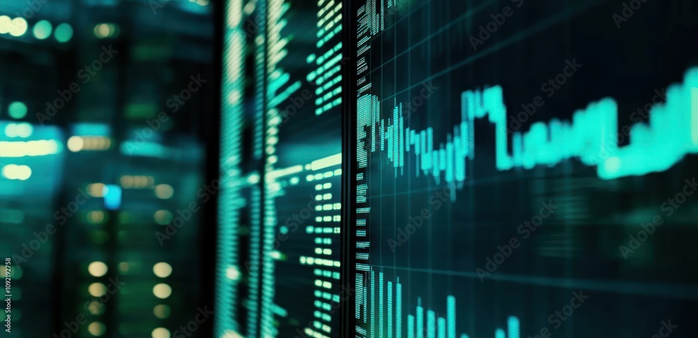 Poster close-up of digital stock market graphs and data displays.