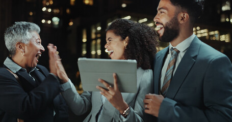 Tablet, high five and celebration for colleagues, night and happy for deal, trader and joy for...
