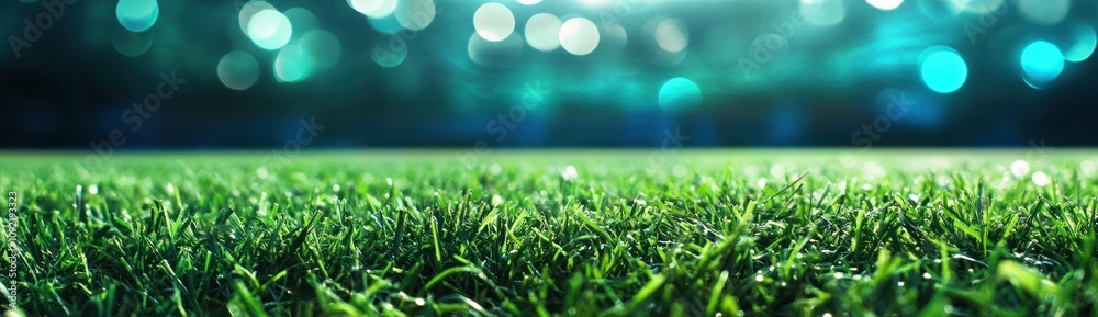 Poster a close-up view of a grassy field with a blurred background, suggesting a sports setting.