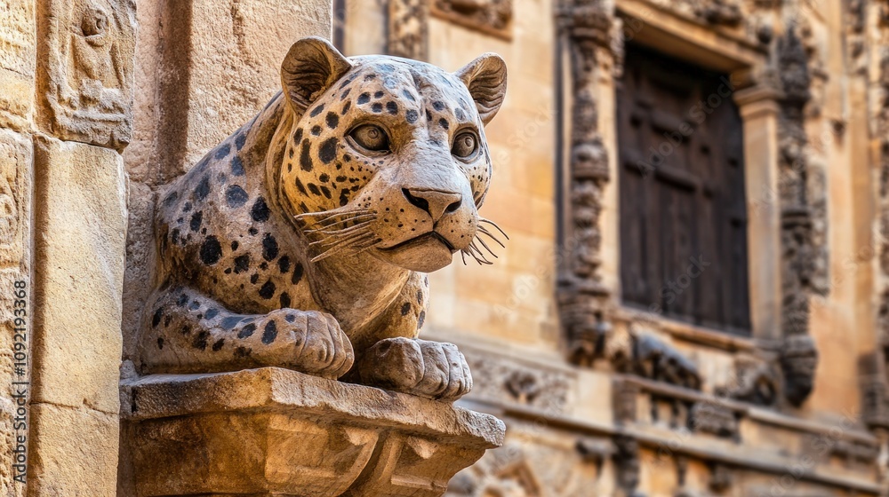 Poster a detailed stone sculpture of a leopard resting on a ledge, showcasing intricate craftsmanship.