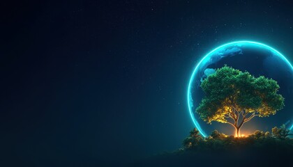 A glowing tree stands on a hill under a dark sky, surrounded by a luminous blue circle, symbolizing nature and serenity.