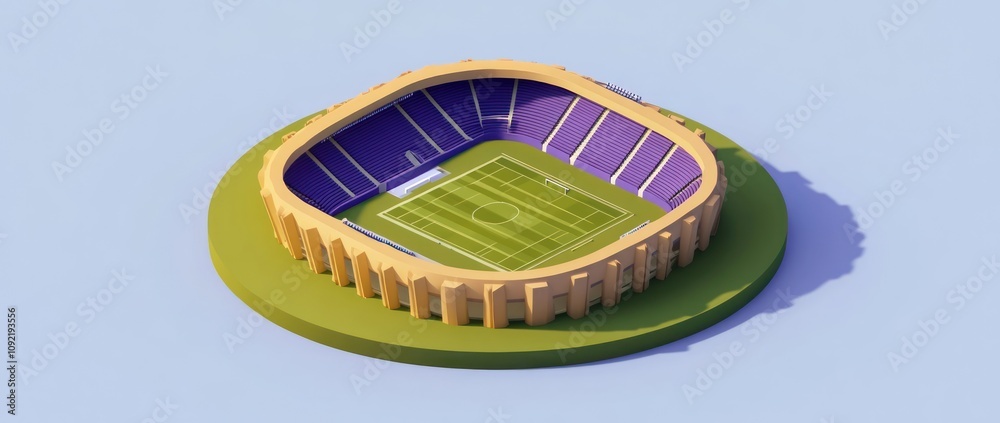 Poster a stylized 3d model of a stadium with a green field and purple seating.
