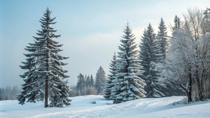 Fototapeta premium Snow-covered pine trees with bare branches against a pale blue sky, snowy pines, frosty mornings, pale blue sky, evergreen forests