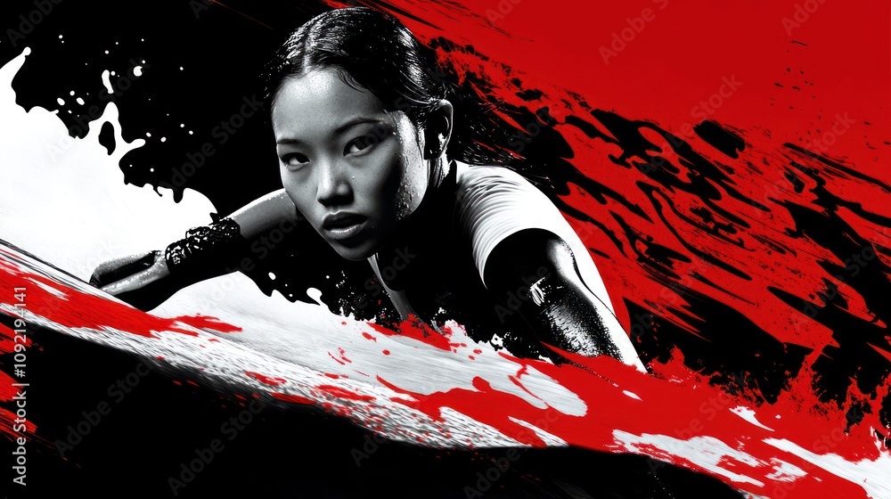 Poster a dynamic action scene featuring a determined athlete against a bold, abstract background.