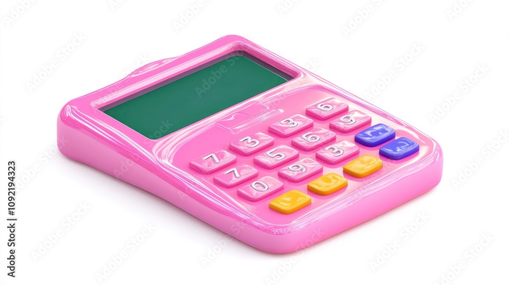 Poster A pink calculator with a digital display and colorful buttons for basic arithmetic tasks.
