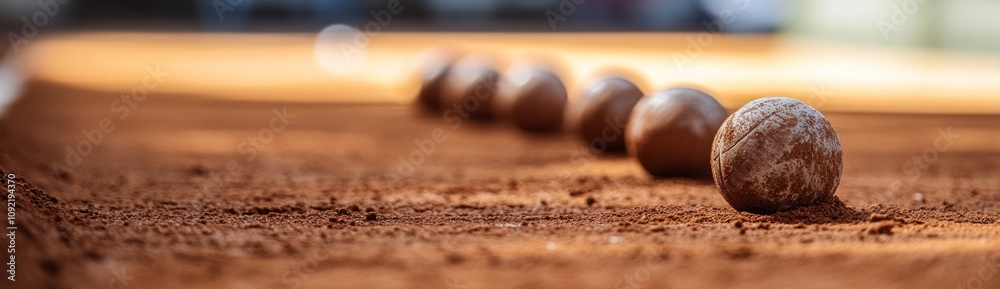 Poster a close-up view of several boules on a sandy surface, likely for a game of pétanque.