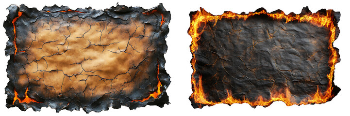 Fototapeta premium Set of burnt paper with a flaming border frame, isolated on a transparent background.