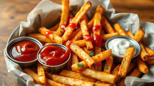 Steaming hot cajun french fries served with ketchup or other dipping sauces, outdoor activities, , dipping sauces