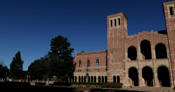 Westwood, Los Angeles, California, USA - November 16, 2024: Morning light shines on UCLA's historic Royce Hall, constructed in 1929.