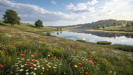 Pasture with blooming wildflowers and a serene lake in the background, green, lush, countryside