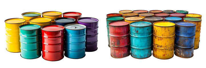 Set of a colorful metal oil drum, isolated on a transparent background.