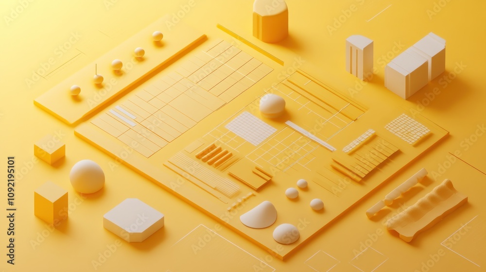 Poster A minimalistic design layout featuring geometric shapes and lines in yellow and white.