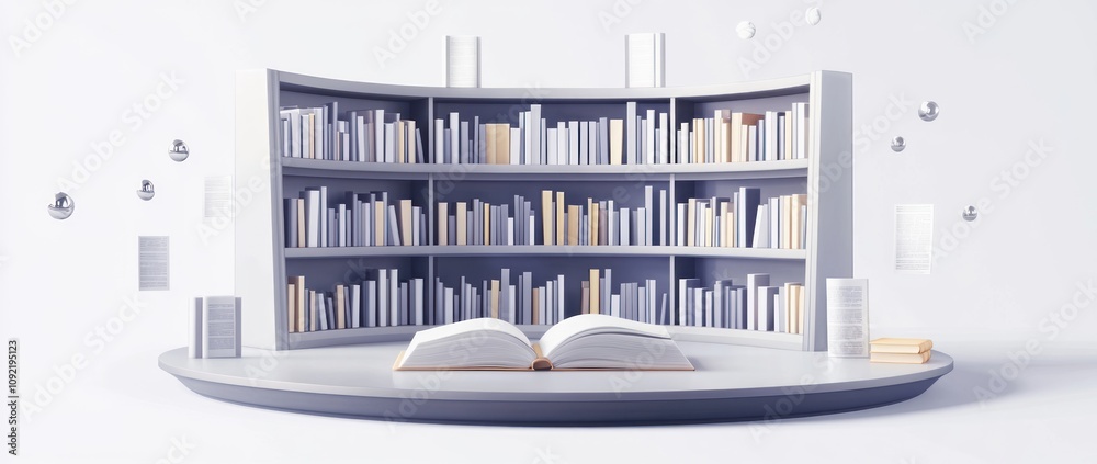 Poster a modern, minimalist library display with open books and shelves.