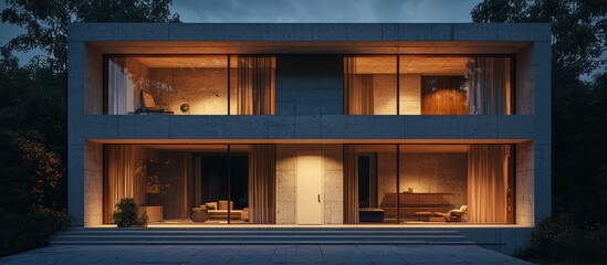 Night facade of a modern two-story home with wooden accents and an ivory entrance.