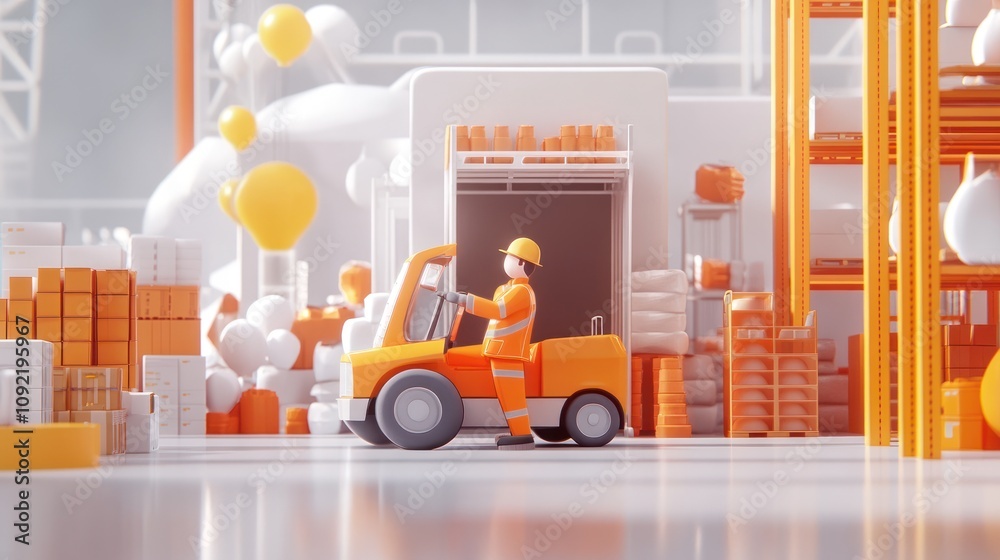 Poster a 3d scene featuring a worker operating a forklift in a warehouse filled with boxes and balloons.