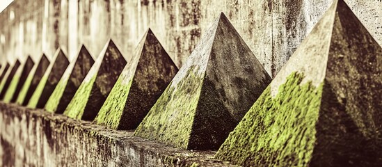 Sepia photo of acoustical barrier with moss green .