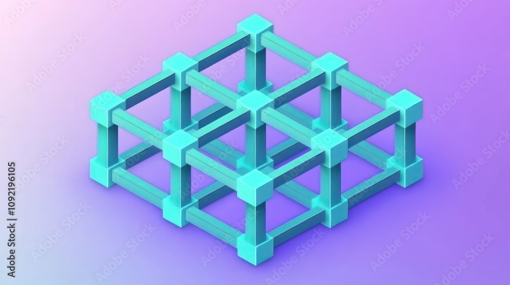 Aufkleber a 3d geometric structure resembling a grid or framework in teal against a gradient background.