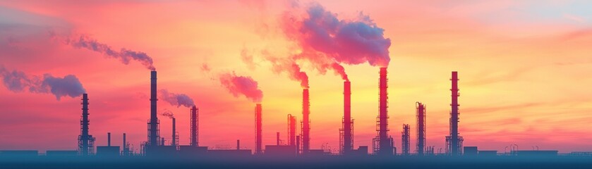 A skyline with industrial smokestacks silhouetted against a vibrant sunset, highlighting environmental concerns and industrial activity.