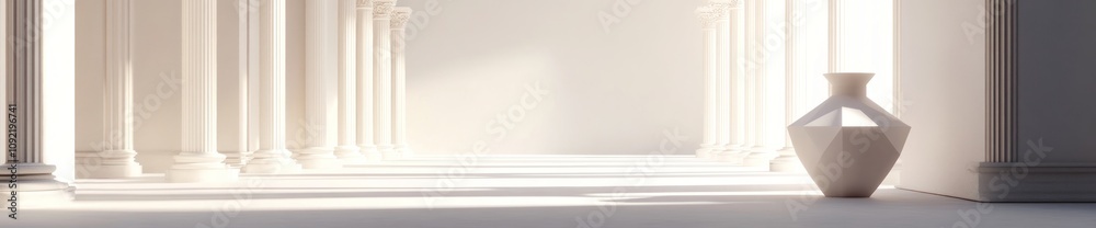 Poster a serene interior space with columns and a minimalist vase.