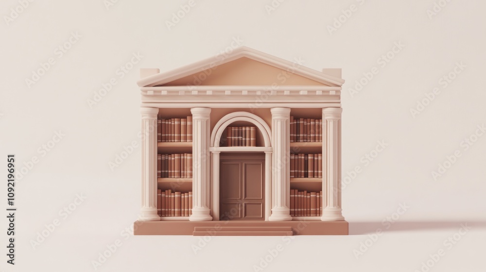 Poster a stylized library building with columns and shelves filled with books.