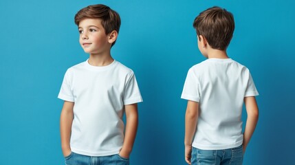 Two young boys are standing side by side, both wearing white shirts