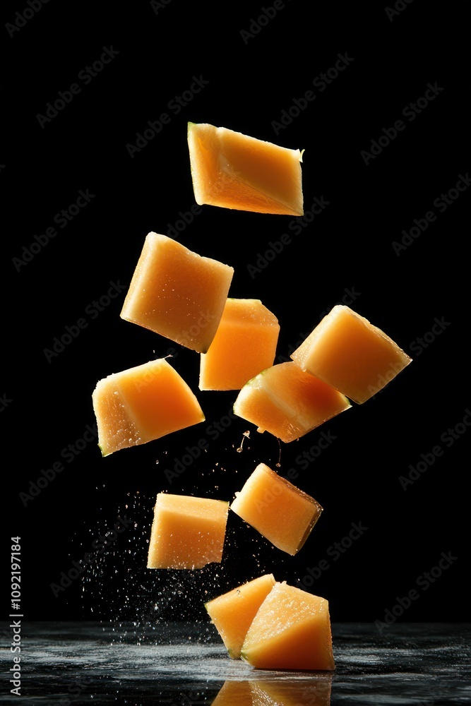 Poster Floating cubes of orange cheese against a black background, capturing dynamic motion.