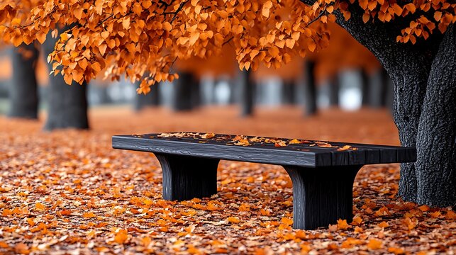 Autumnal park bench under orange leaves.