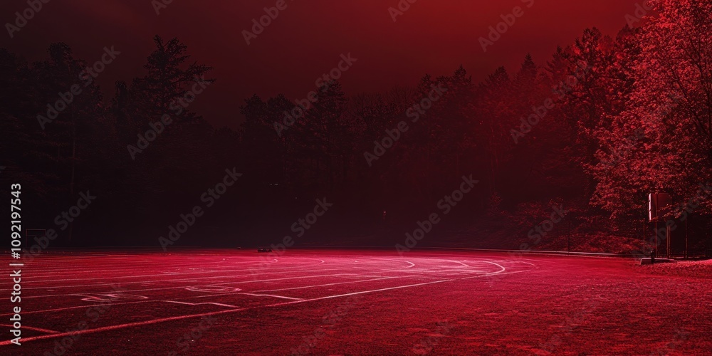 Aufkleber a dimly lit basketball court surrounded by trees, creating a moody atmosphere.