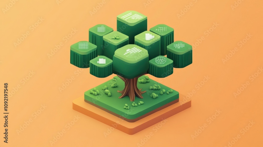 Aufkleber A stylized tree with green blocks representing data and technology concepts.