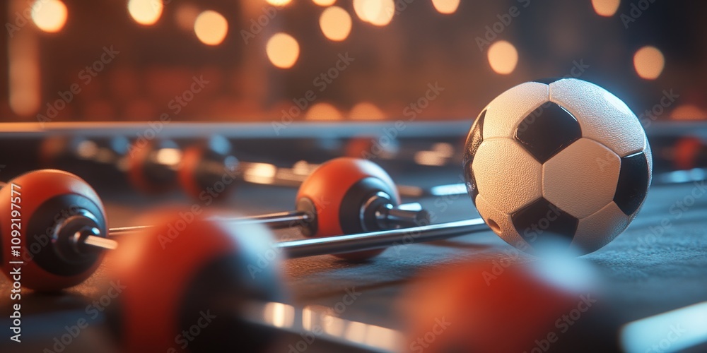 Poster a close-up of a foosball table with a soccer ball and colorful player rods.
