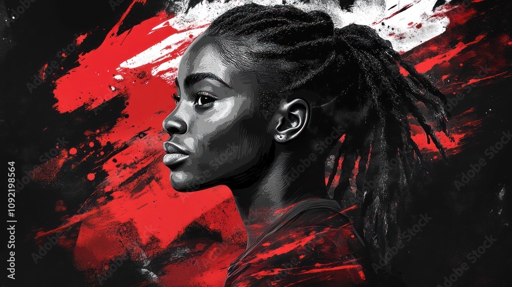 Poster A stylized portrait of a confident individual with a dynamic background of red and black.