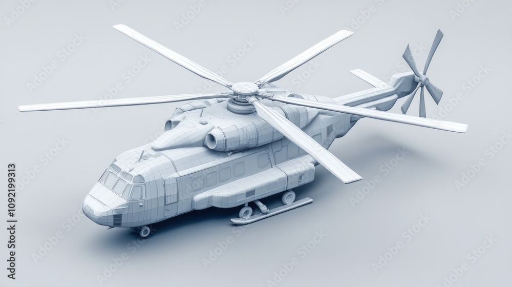 Poster a 3d model of a helicopter in a minimalist design.