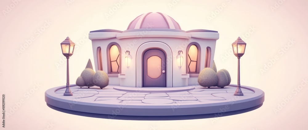 Poster a whimsical building with a dome, surrounded by lanterns and stylized greenery.