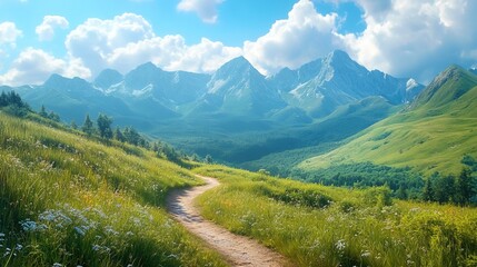 Obraz premium Summer landscape in mountains with trail isolated on blue sky background