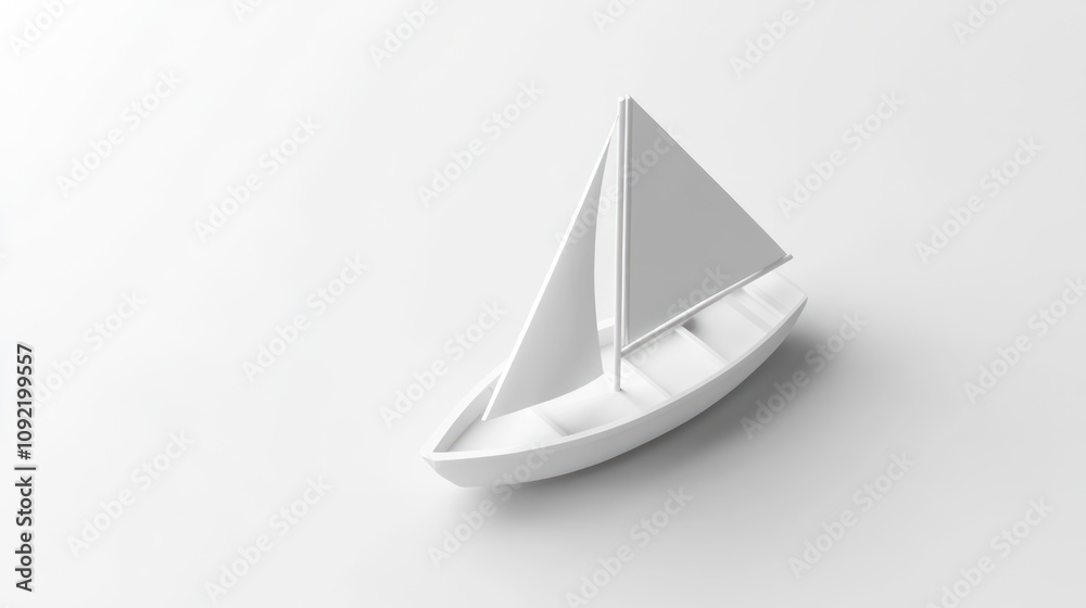 Poster a minimalist white sailboat model with two sails, designed for decorative or playful use.
