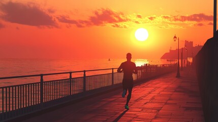 Fototapeta premium Runner at sunset coastal path high-fidelity image serene environment dynamic perspective fitness enthusiasm